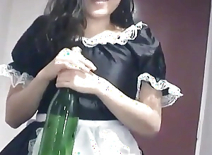 Asian teen copulates her pussy with a Asti spumante bottle
